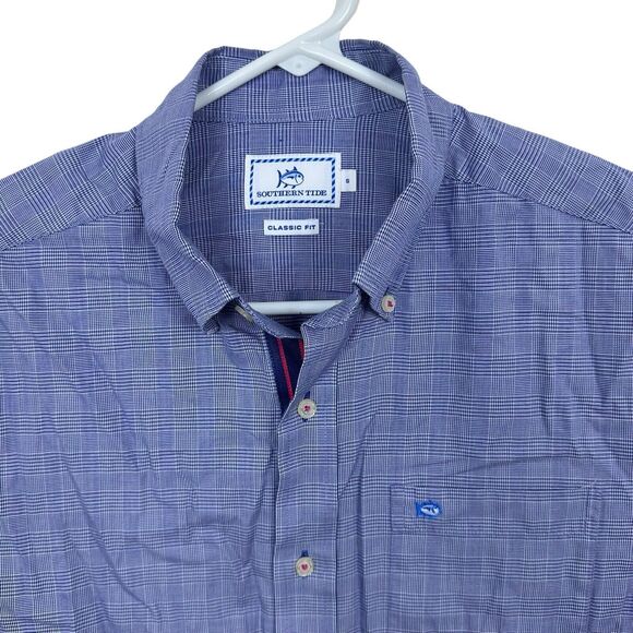 Southern Tide Button Front Shirt Plaid Long Sleeve Mens Sz S Navy Blue White EUC - Picture 2 of 8